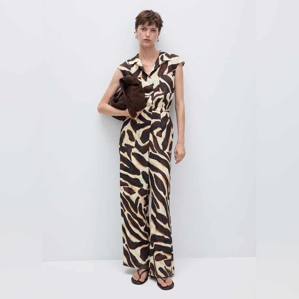 Mango brown animal print jumpsuit with pockets NWT